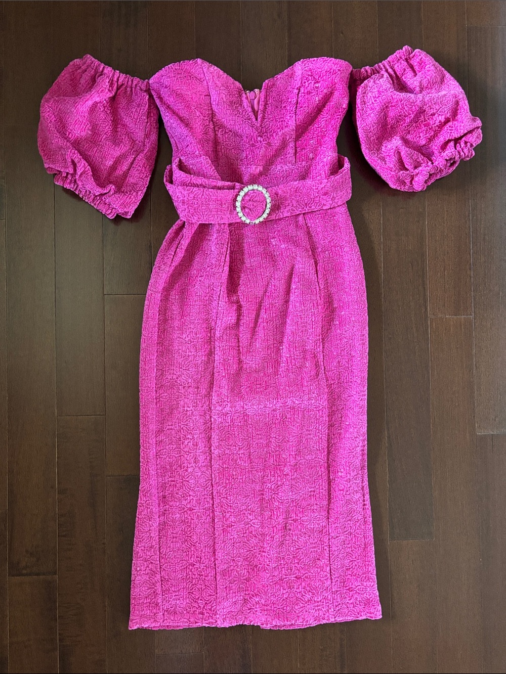 MAJORELLE Hot Pink Off-Shoulder Puff Sleeve Midi Dress with Belt